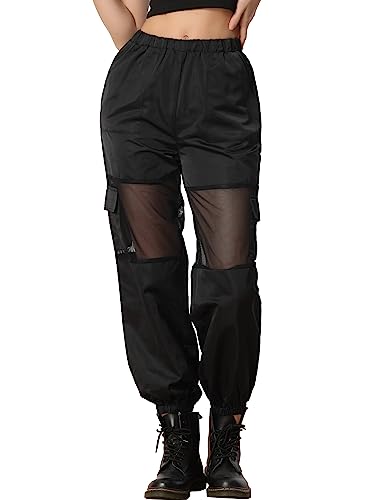 Allegra K Damen Mesh Panel Hose Hohe Taille Durchsichtig Sportlich Elastisch Baggy Cargohose Schwarz M von Allegra K