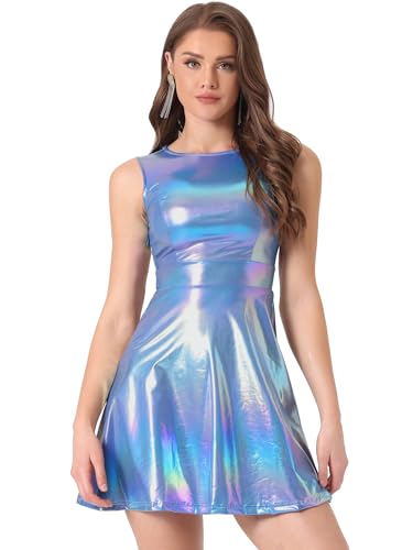 Allegra K Damen Metallic Ärmellos Rundhals Hohe Taille Holographic Flare Kleid, Holografisches Blau, M von Allegra K