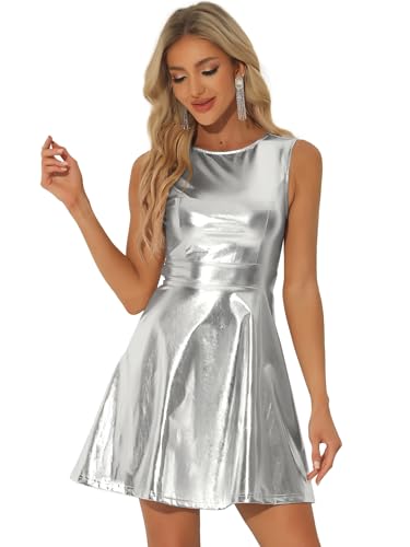 Allegra K Damen Metallic Ärmellos Rundhals Hohe Taille Holographic Flare Kleid, Silbern glänzend, L von Allegra K