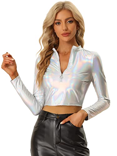 Allegra K Damen Kostüm Metallic Crop Party Tops Glitzer Langarm Reißverschluss Top Oberteil Silber L von Allegra K