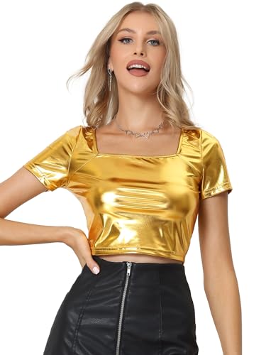 Allegra K Damen Metallic Crop-Top mit Quadratischem Ausschnitt Kurzen Ärmeln Glänzendes Top Gold S von Allegra K