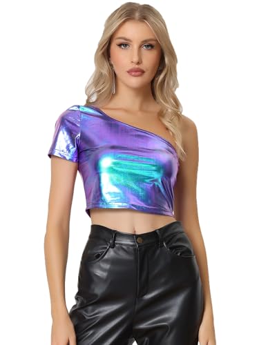 Allegra K Damen Metallic Crop Top One Shoulder Kurzarm Glitzer Holografisches Clubwear Party Top Blau Lila XS von Allegra K