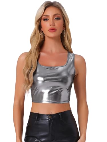 Allegra K Damen Metallic Crop Top Party Tanktop Ärmellos Glänzend Club Bauchfrei Oberteil Schwarz Silber XL von Allegra K