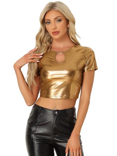 Allegra K Damen Metallic Crop Top Schlüsselloch Kurzarm Party Glitzer Holographic Bluse Braunes Gold S von Allegra K