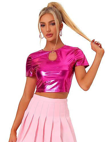 Allegra K Damen Metallic Crop Top Schlüsselloch Kurzarm Party Glitzer Holographic Bluse Rosenrot XS von Allegra K