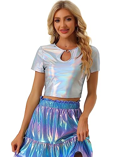 Allegra K Damen Metallic Crop Top Schlüsselloch Kurzarm Party Glitzer Holographic Bluse Silber XS von Allegra K