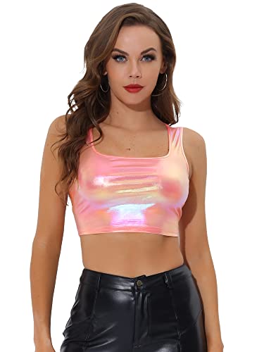 Allegra K Damen Metallic Crop Top Party Tanktop Ärmellos Glänzend Club Bauchfrei Oberteil Rosa XL von Allegra K
