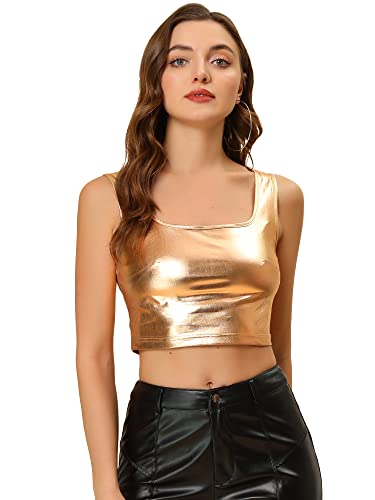 Allegra K Damen Metallic Crop Top Party Tanktop Ärmellos Glänzend Club Bauchfrei Oberteil Rosegold S von Allegra K