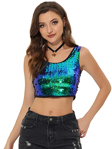 Allegra K Damen Metallic Crop Top Y2K Pailletten Rundhals Ärmellos Party Clubwear Weste Tank Tops, Grün-blau, 34 von Allegra K