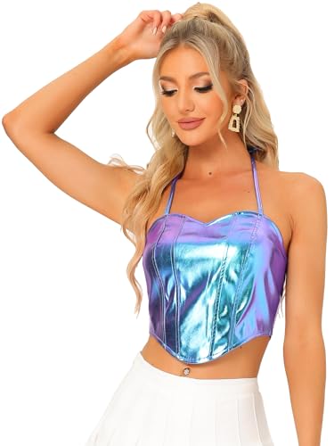 Allegra K Damen Metallic Cropped Top Glitzer Neckholder Party Shiny Tank Tops Oberteil Blau Lila XL von Allegra K