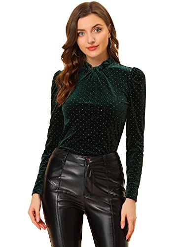 Allegra K Damen Metallic Glänzende Punkte Rüschenausschnitt Langarm Vintage Samt Bluse Top, Dunkelgrün, X-Klein Allegra K Damen Metallic Glänzende Punkte Rüschenausschnitt Langarm Vintage Samt Bluse Top, Dunkelgrün, X-Klein von Allegra K