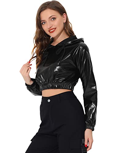 Allegra K Damen Metallic Hoodie Oberteil Langarm Holografische Glitzer Crop Bluse Shirt Schwarz L von Allegra K