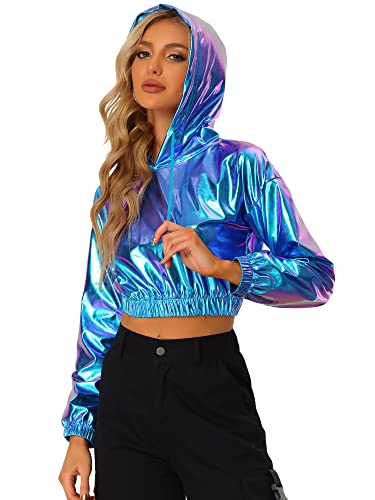 Allegra K Damen Metallic Hoodie Oberteil Langarm Holografische Glitzer Crop Bluse Shirt Blau L von Allegra K