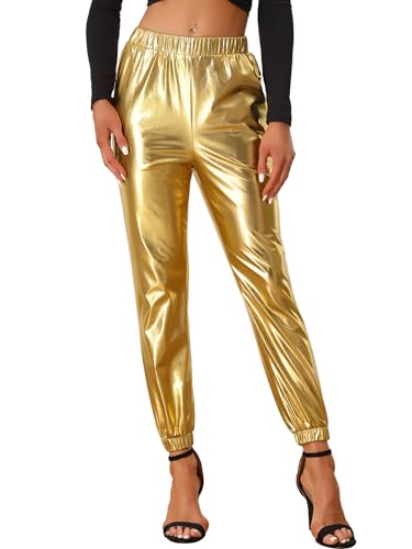 Allegra K Damen Metallic Hosen Halloween Glänzend Funkeln Elastische Taille Holographische Hosen, Champagnerfarben / goldfarben, X-Klein von Allegra K