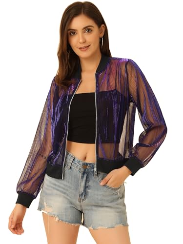 Allegra K Damen Metallic Jacke Langarm Stehkragen Party Durchsichtig Glitzer Mesh Bomberjacke Jacke Lila M von Allegra K