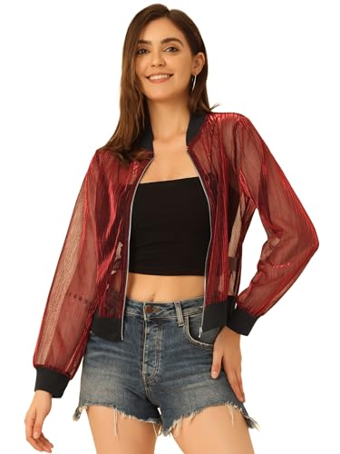 Allegra K Damen Metallic Jacke Langarm Stehkragen Party Durchsichtig Glitzer Mesh Bomberjacke Jacke Rot XL von Allegra K