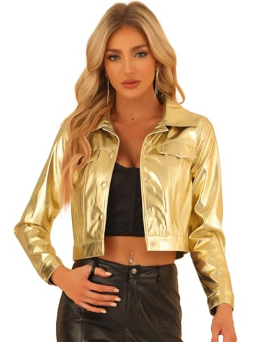 Allegra K Damen Metallic Jacke Party Biker Holografisch Knopfleiste Glänzend Club Jacken Gold M von Allegra K