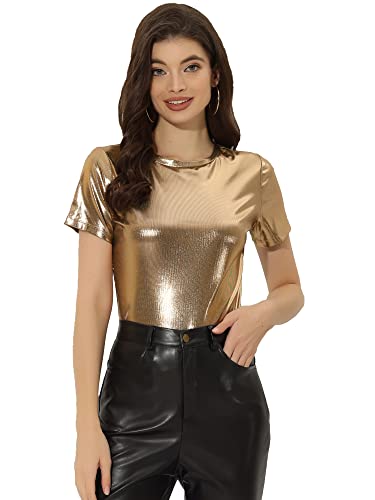 Allegra K Damen Sexy Metallic Party Top Outfit Festival Glitzer Kurzarm Rundhals T-Shirt Oberteil Bluse Braunes Gold S von Allegra K