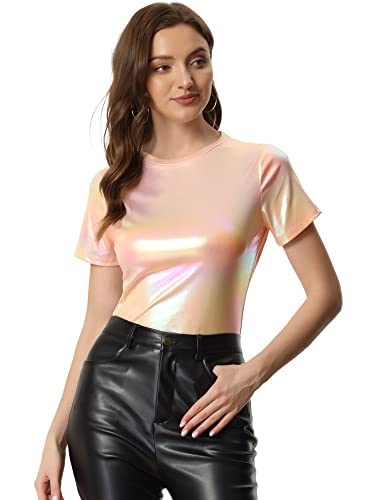 Allegra K Damen Sexy Metallic Party Top Outfit Festival Glitzer Kurzarm Rundhals T-Shirt Oberteil Bluse Beige Rosa XL von Allegra K