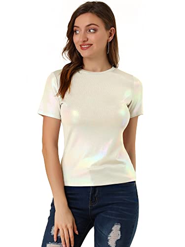 Allegra K Damen Sexy Metallic Party Top Outfit Festival Glitzer Kurzarm Rundhals T-Shirt Oberteil Bluse Helles Silber L von Allegra K