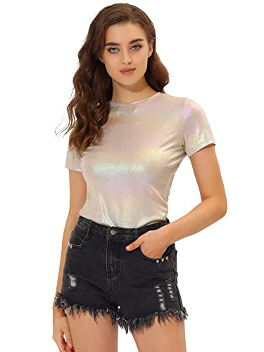 Allegra K Damen Sexy Metallic Party Top Outfit Festival Glitzer Kurzarm Rundhals T-Shirt Oberteil Bluse Beige XS von Allegra K