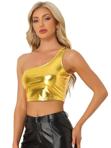 Allegra K Damen Metallic Oberteil One Shoulder Party Holographisch Clubwear Crop Tops Gold L von Allegra K