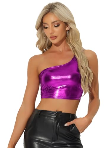 Allegra K Damen Metallic Oberteil One Shoulder Party Holographisch Clubwear Crop Tops Lila XL von Allegra K