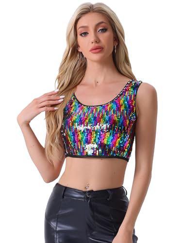Allegra K Damen Metallic Pailletten Crop Top Sparkle Glitzer Ärmellos Party Club Tank Top, Mehrfarbig, X-Groß von Allegra K