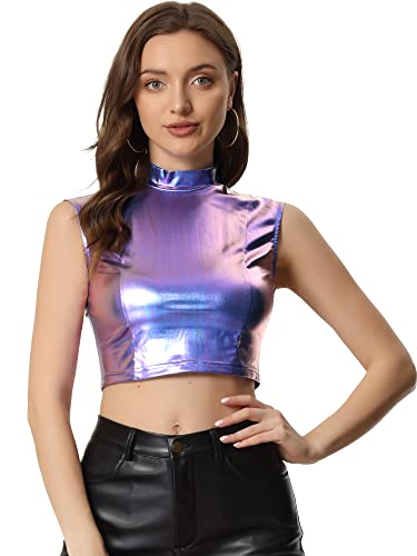 Allegra K Damen Metallic Bauchfrei Glänzendes Oberteil Club Party Crop Ärmelloses Tanktop Blau Lila XL von Allegra K