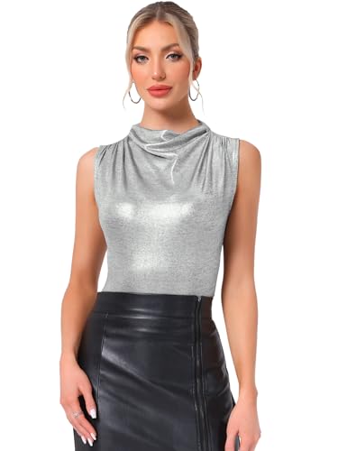 Allegra K Damen Metallic Tanktop Wasserfallausschnitt Rüschen Ärmellos Party Glänzende Bluse Silber M von Allegra K
