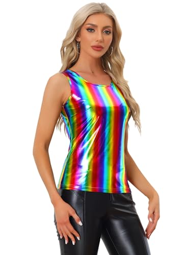 Allegra K Damen Metallic Top Glitzer Oberteile Top U Neck Party Tank Ärmellos Elegant Bluse Oberteil Regenbogen XL von Allegra K