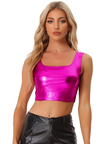 Allegra K Damen Metallic Crop Top Party Tanktop Ärmellos Glänzend Club Bauchfrei Oberteil Rose L von Allegra K