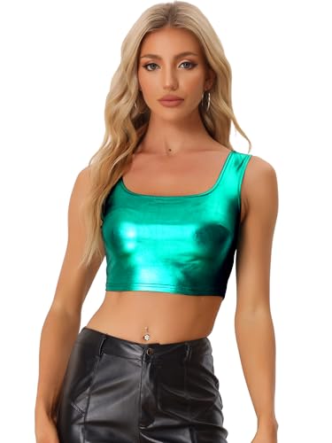 Allegra K Damen Metallic Crop Top Party Tanktop Ärmellos Glänzend Club Bauchfrei Oberteil Schwarz Grün XS von Allegra K
