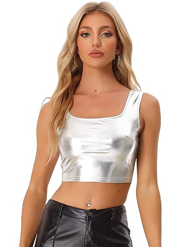 Allegra K Damen Crop Tops Metallic Top Party Oberteile Ärmellos U-Boot Neck Club Bauchfrei Bluse Weiß Hell Silber XS von Allegra K