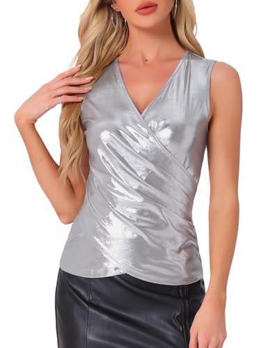 Allegra K Damen Metallic Wickeltop Party-Club Ärmellos V-Ausschnitt Leichtes Rüschen Tanktop Silber S von Allegra K