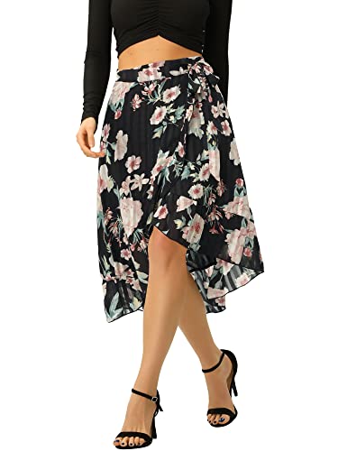 Allegra K Damen Chiffon Röcke Hohe Taille Geteilter Elegant Blumen Sommer Rock Rüschen Midirock Schwarz-A XS von Allegra K