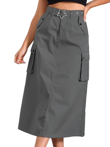 Allegra K Damen Midi Cargo Röcke Reißverschluss Hohe Taille Gerader Rock mit Taschen Grau XL Allegra K Damen Midi Cargo Röcke Reißverschluss Hohe Taille Gerader Rock mit Taschen Grau XL von Allegra K