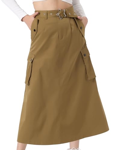 Allegra K Damen Midi Cargo Y2K Röcke Reißverschluss Hohe Taille Gerader Rock mit Taschen Braun M von Allegra K