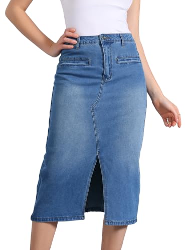Allegra K Damen Midi-Jeansrock Mit Hoher Taille Schlitz Vorne Und Taschen Jeansröcke Blau XL von Allegra K