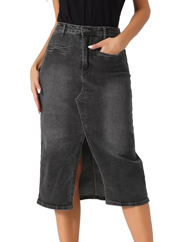 Allegra K Damen Midi-Jeansrock Mit Hoher Taille Schlitz Vorne Und Taschen Jeansröcke Dunkel Grau M von Allegra K