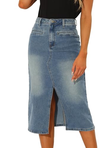 Allegra K Damen Midi-Jeansrock Mit Hoher Taille Schlitz Vorne Und Taschen Jeansröcke Grau Blau M von Allegra K