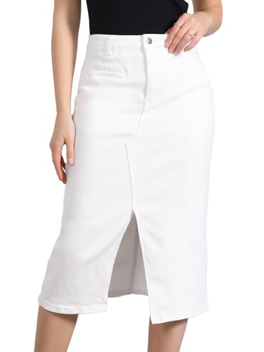 Allegra K Damen Midi-Jeansrock Mit Hoher Taille Schlitz Vorne Und Taschen Jeansröcke Weiß S von Allegra K
