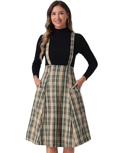 Allegra K Damen Midi Latzrock Karierter Hosenträgerrock Tartan Midirock Rock Khaki L von Allegra K
