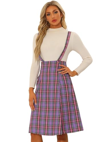 Allegra K Damen Midi Latzrock Karierter Hosenträgerrock Tartan Midirock Rock Lila Rosa L von Allegra K