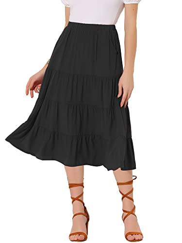 Allegra K Damen Midi Röcke Solid Elastische Taille Flare Stufenrock Lang A-Linie Rock mit Taschen, Schwarz , 38 von Allegra K