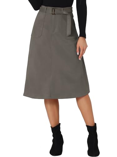 Allegra K Damen Midirock A-Linie Knielang Cordrock Faux Veloursleder Stretch Gürtel Lässig Rock Dunkel Grau XL von Allegra K