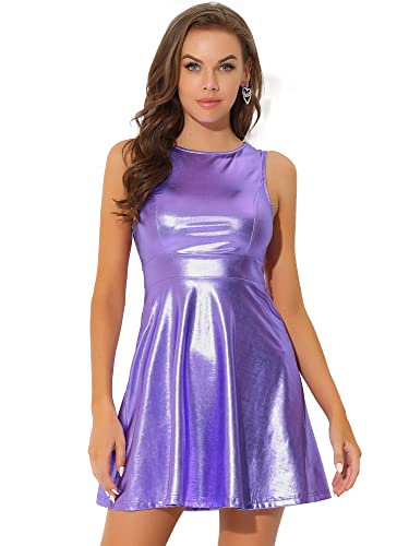 Allegra K Damen Minikleid Ärmellos Metallic Glitzer Rundhals A Linie Holografisch Party Kleid Lila L von Allegra K