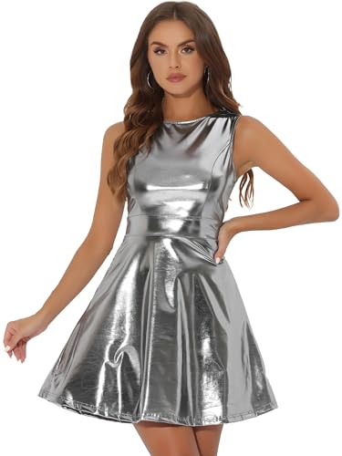 Allegra K Damen Minikleid Ärmellos Metallic Glitzer Rundhals A Linie Holografisch Party Kleid Schwarz Silber Grau XL von Allegra K