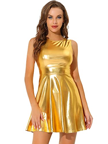 Allegra K Damen Minikleid Ärmellos Metallic Glitzer Rundhals A Linie Holografisch Party Kleid Gold L von Allegra K