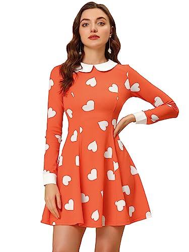 Allegra K Damen Minikleid Langarm A-Linie Bubikragen Polka Dots Elegant Party Kleid Orange-Herz L von Allegra K